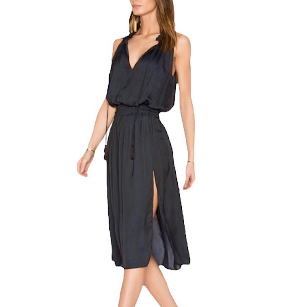 Anthropologie Dolce Vita Jonah Ruffle Split Neck Tassel Side Slit Midi Dress M